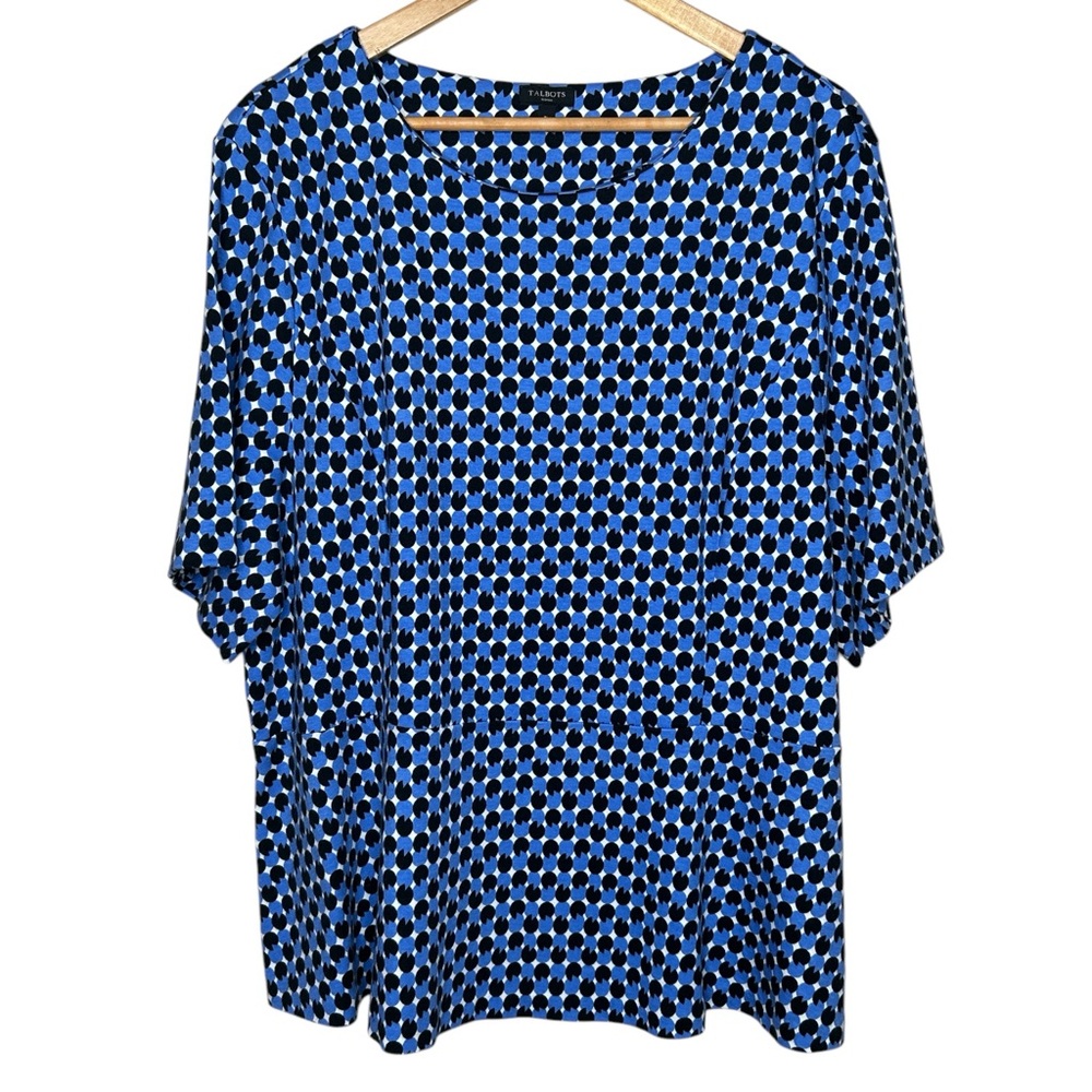 🩷 Talbots Woman Peplum Top Size 3X Short Sleeve Round Neck Blue Black Geometric